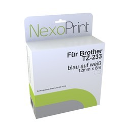 NexoPrint Schriftband blau auf wei&#223; 12mm x 8m, laminiert f&#252;r Brother TZ-233 